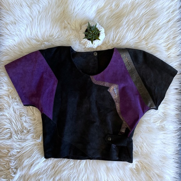 Vintage 1980s patchwork suede & leather purple & black short sleeve top 🇨🇦 - Picture 6 of 14